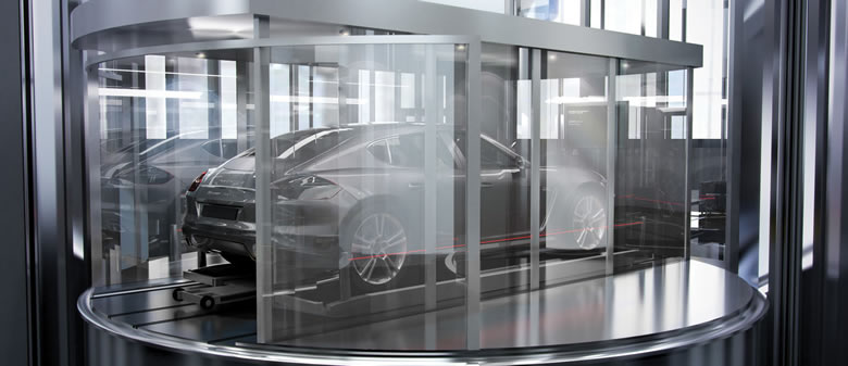 Car elevator at Porsche Design Tower in Sunny Isles Beach allows owners to park their cars inside the unit