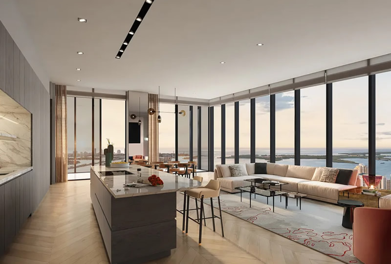 Living Room at Waldorf Astoria Sky Collection in Downtown Miami - Rendering